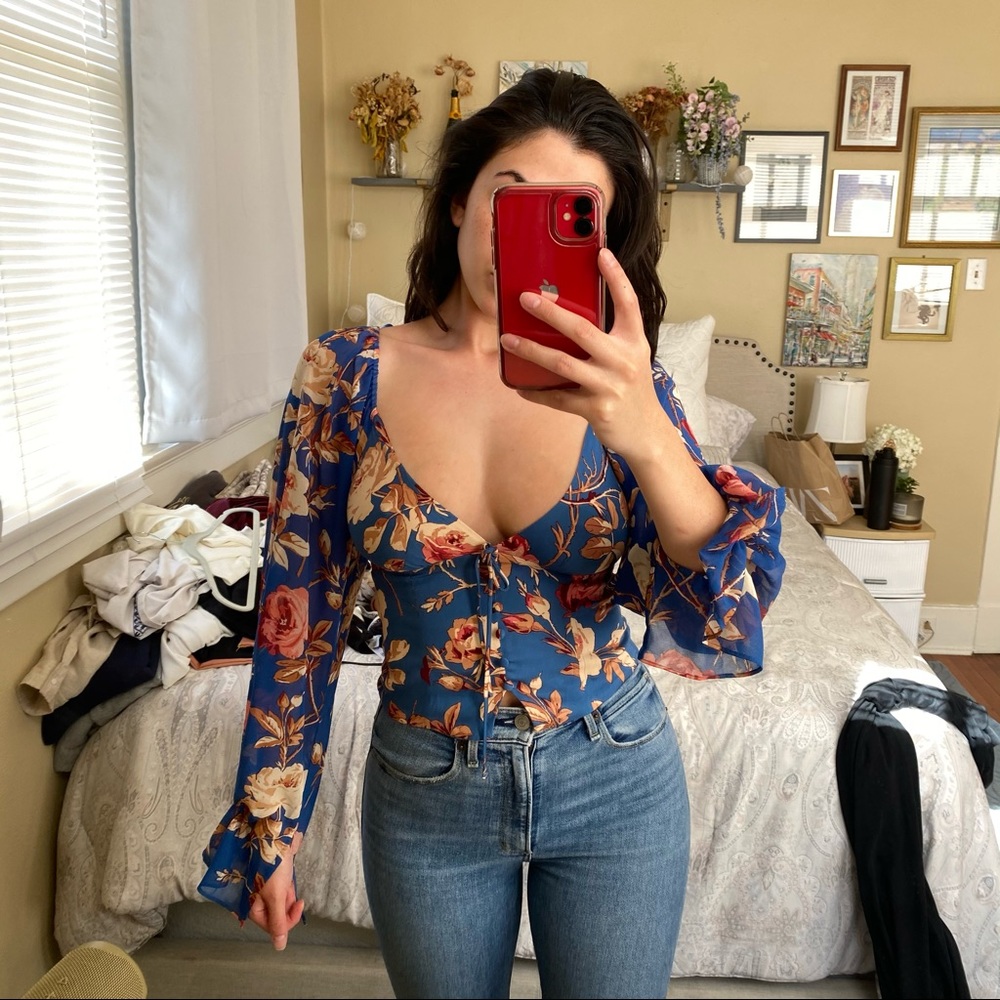 Urban Outfitters Topanga Blouse Blue Floral XS NWT